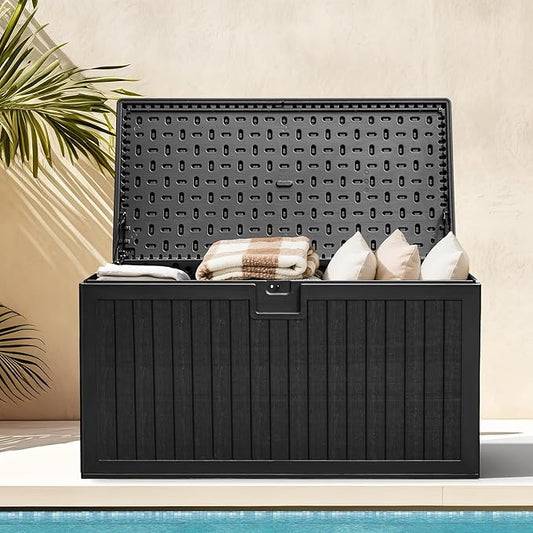 DWVO 260 Gallon Resin Outdoor Storage Box, XXL Double-Wall Waterproof Deck Box with Divider, Doubles as Table or Seating with 1000 lbs Capacity, Lockable (Black)