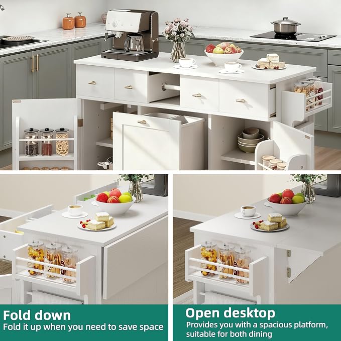 YITAHOME 59" Rolling Kitchen Island with Drop Leaf & Power Outlet, Double Pull-Out Kitchen Trash Can, Fits 10-Gal Waste Bin, Portable Islands on Wheels with Door Storage & Spice Rack, White