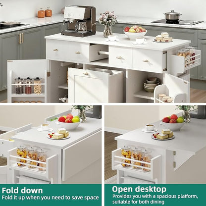 YITAHOME 59" Rolling Kitchen Island with Drop Leaf & Power Outlet, Double Pull-Out Kitchen Trash Can, Fits 10-Gal Waste Bin, Portable Islands on Wheels with Door Storage & Spice Rack, White