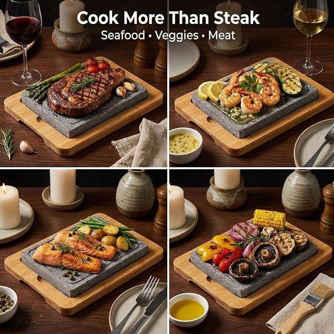 Artestia Steak Stone Set, 2PCS Volcanic Lava Stones, 8.46 x 6.49 in | Hot Stone Cooking Set with Bamboo Trays for Tabletop Sizzling Steak, Meat, Seafood & Vegetables, Restaurant-Style Dining