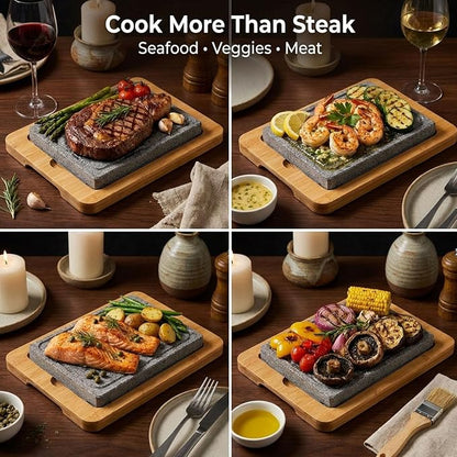 Artestia Steak Stone Set, 2PCS Volcanic Lava Stones, 8.46 x 6.49 in | Hot Stone Cooking Set with Bamboo Trays for Tabletop Sizzling Steak, Meat, Seafood & Vegetables, Restaurant-Style Dining