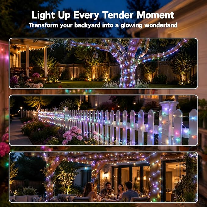 Solar Fairy Lights, 33FT 100 LED RGB APP Control | IP65 waterproof, remote control, multi-mode. String lights for garden, party, tree, backyard decoration.