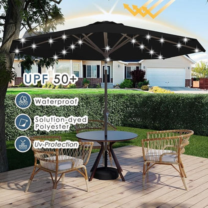 9FT Patio Umbrella with Solar Lights,Outdoor Market Umbrella with Tilt and Crank, LED Lighted Table Umbrella for Garden,Deck,Backyard,Pool,Beach (Black)