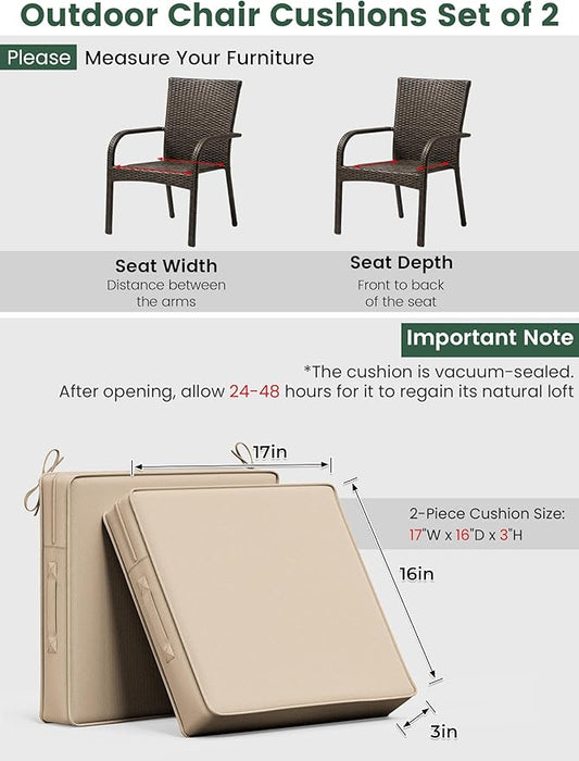 Outdoor Chair Cushion 17 x 16 x 3 Inches Patio Furniture Outdoor Waterproof Seat Cushion, Patio Chair Cushion with Handles and Ties, Square Dining Chair Cushion Set of 2, Sand