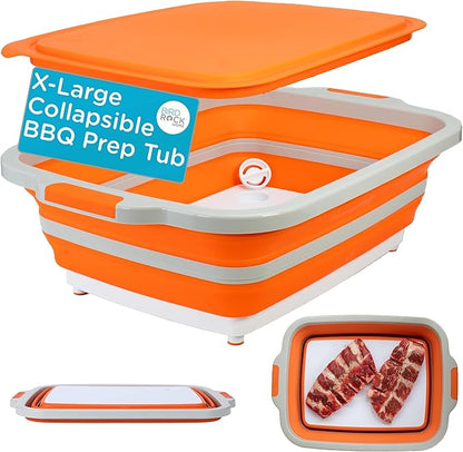 BIRDROCK HOME Collapsible XL BBQ Prep Tub w/Cutting Board, Multi-Function Grill Caddy w/Colander & Lid, Portable Silicone Dish Bowl for Picnic, Tailgate, Camping - Orange