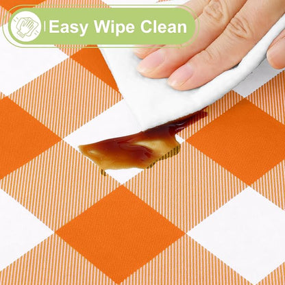 Smiry Oval Table Cloth, Vinyl Tablecloths with Flannel Backing, 60"x84" | Waterproof Picnic Table Cloth, Wipeable Buffalo Plaid Table Cover for Indoor and Outdoor (Orange & White)