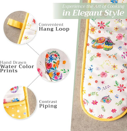 Maison d' Hermine Double Oven Mitts 100% Cotton 7"x35" Double Oven Mitt Heat Resistant BBQ Cooking Gloves with Loop Baking Grilling Kitchen Hotel Home Farmhouse Spring Summer (Happy Florals - Sweety)