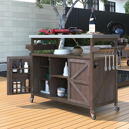 Ball & Cast Outdoor Kitchen Island,Rolling Bar Cart & Storage Cabinet,Farmhouse Solid Wood Outdoor Grill Table with Stainless Steel Top,Spice and Towel Rack,for Kitchen,Barbecue,Dark Brown,50.25"