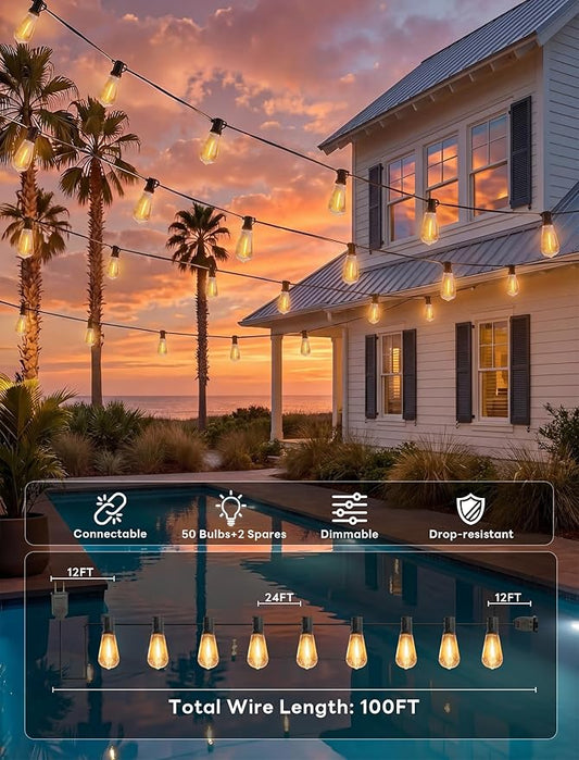 100FT LED Outdoor String Lights with 52 Shatterproof ST40 Vintage Edison Bulbs(2 Spare), Connectable Outside Hanging Light for Backyard Garden Porch Balcony, 2700K Dimmable