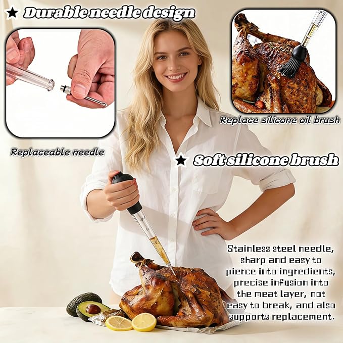 Turkey Baster with Cleaning Brush, Meat Injector Syringe with Detachable Silicone Bulb, 304 Stainless Steel Needle and Basting Brush for Roasting Chicken, 22ml Capacity (Black)