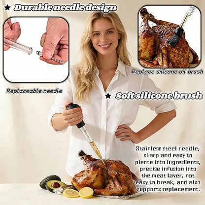 Turkey Baster with Cleaning Brush, Meat Injector Syringe with Detachable Silicone Bulb, 304 Stainless Steel Needle and Basting Brush for Roasting Chicken, 22ml Capacity (Black)