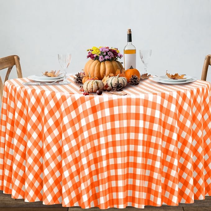 6Pcs Orange Gingham Tablecloths Round, Fall Checkered Table Cover 54x108 In | Orange and White Checkered Round Tablecloths Disposable Waterproof for Fall Picnic Halloween Barbecue Birthday Outdoor Party