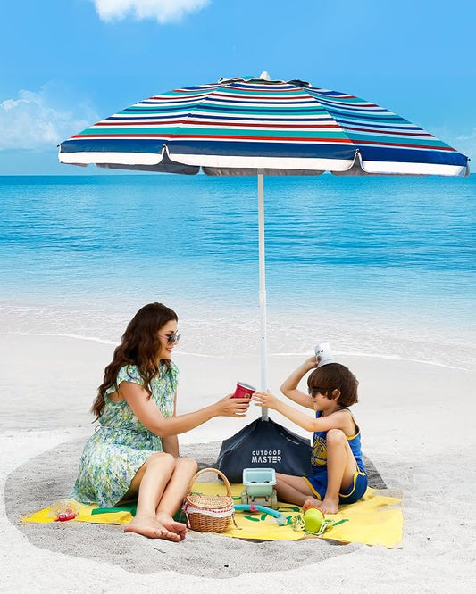 OutdoorMaster 7.2ft Beach Umbrellas for Sand with Sandbag & Anchor | 7.2ft Adjustable Umbrella for Beach, Wind Resistant, Portable UPF50+ Sunshade with Carry Bag for Patio