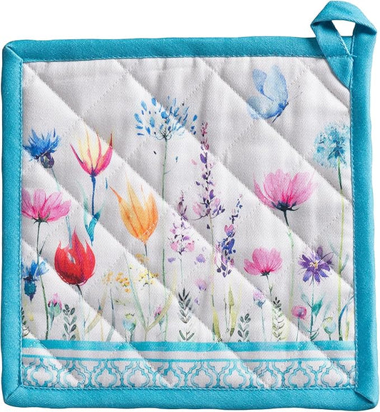 Maison d' Hermine Pot Holders 100% Cotton Heat Resistant Potholders 8" x 8" Hot Pads with Loop BBQ Baking Hotel Farmhouse Kitchen Handling Hot Pans Spring Summer (Pack of 1, Flower in The Field)