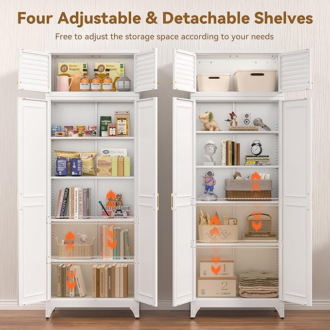 Polup 90" Tall Metal Storage Cabinet with Doors and Shelves, Heavy Duty Steel Kitchen Pantry Cabinet, Freestanding White Storage Cabinet for Garage, Laundry Room, Office, Dining Living Room