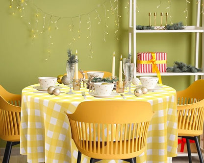 Disposable Checkered Tablecloth Round Plastic Buffalo Plaid Table Cloth 84'' Gingham Tablecover for Picnic Camping BBQ Graduation Party(Yellow and White,6 Pieces)