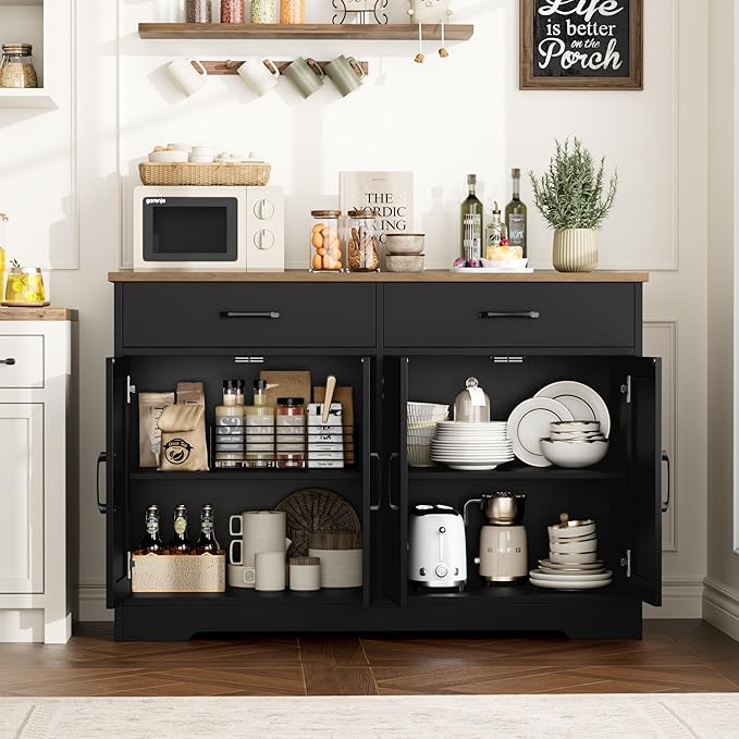 HOSTACK Buffet Cabinet with Storage, 47.2" Kitchen Sideboard Buffet with Drawers, Modern Farmhouse Coffee Bar Station with Shelves, Barn Doors Storage Cabinet for Living Room, Black/Rustic Brown