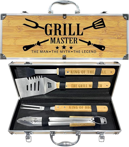 Grilling Accessories, Fathers Day Grilling Gifts for Men, Birthday Gift for Dad, Heavy Duty Wooden BBQ Grill Kit, Thick Stainless Steel Grill Utensils with Non-Slip Handle Tools in Portable Bag