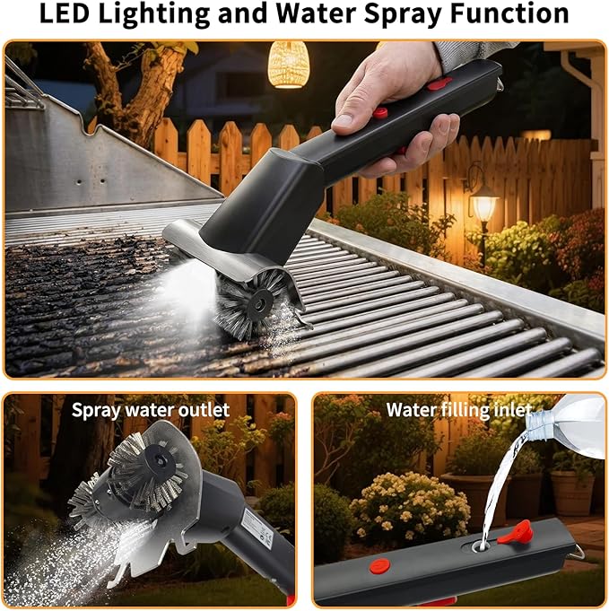 Cordless Electric Grill Brush for Outdoor - Waterproof BBQ Grill Cleaner with Lights Water Spray - Grill Cleaning Brush for Burnt-On Grease&BBQ Grates, 90 Mins Runtime, 2 Stainless Heads Refill