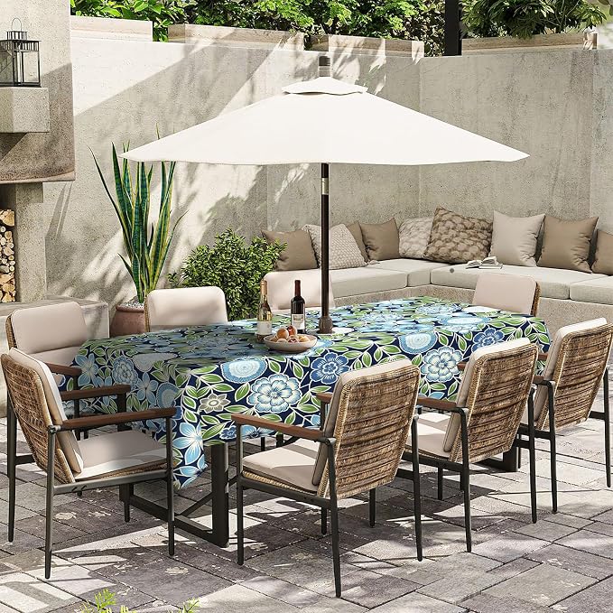 Outdoor Rectangle Tablecloth, 60×84 Inch Water Repellent Picnic Table Cover with Umbrella Hole Zipper for Patio Family Meal, Azure Bloom