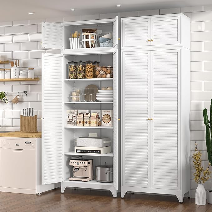 Polup Kitchen Pantry Cabinet, 90" Tall Metal Storage Cabinet, Food Pantry cabinets with Doors and Shelves, Steel Cabinets for Living Room, Dining, White,16" D x 32" W x 90" H, Assembly Required