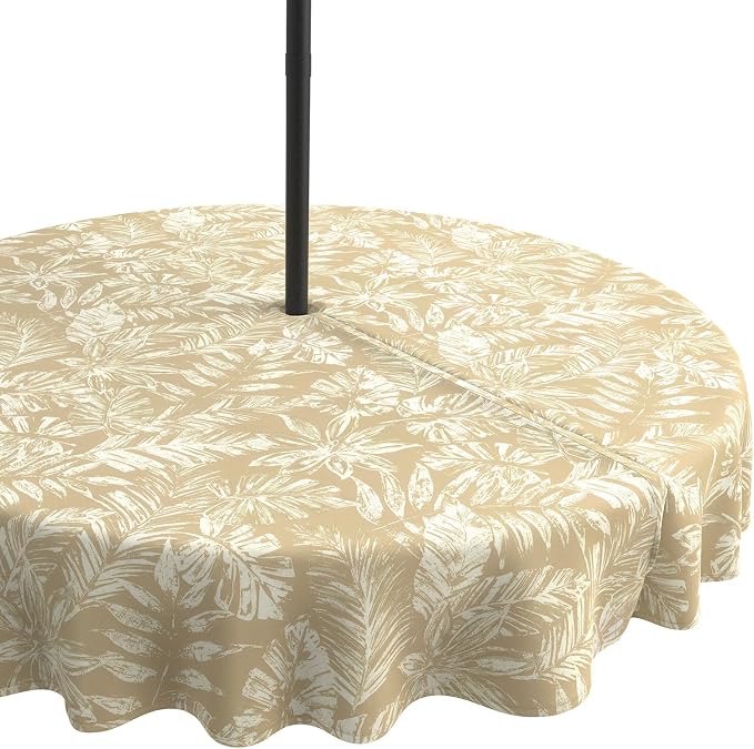 LVTXIII Round Outdoor Tablecloth with Umbrella Hole and Zipper, Water-Repellent 60 Inch Patio Table Cover for Bistro, Garden, Patio & Picnic, Tropical Leaf Oat