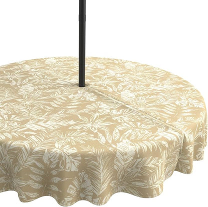 LVTXIII Round Outdoor Tablecloth with Umbrella Hole and Zipper, Water-Repellent 60 Inch Patio Table Cover for Bistro, Garden, Patio & Picnic, Tropical Leaf Oat