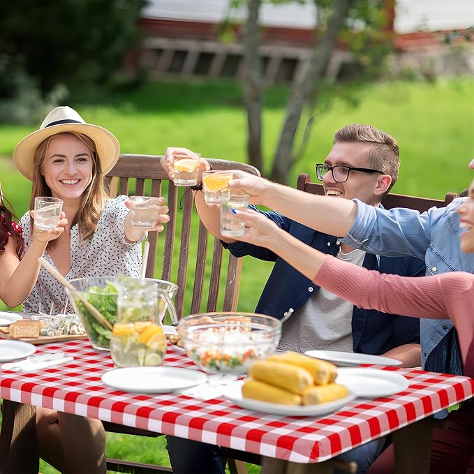 Buffalo Rectangle Picnic Tablecloth, 6 Foot Elastic Fitted Vinyl Table Cloth with Flannel Backing, Waterproof Plaid Table Covers for Dining, Camping, Outdoor (Red and White, 30" x 72")