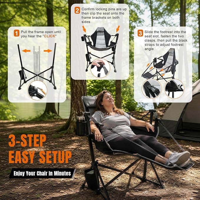 HOPERAN Hammock Camping Chair with Footrest, 400 lbs Swing Chair, Black | 31.5" Wide Seat, 90°-130° Recliner, Stable Frame, 600D Fabric, Carry Bag, Cup Holder, Storage Pocket, for Beach Patio Sports