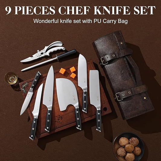 Chef Knife Set, Meat Boning Carving Cleaver Butcher Knife, High Carbon Steel Japan Nakiri Santoku Knife Set with Accessories for Kitchen, BBQ Camping Knives Set with Bag