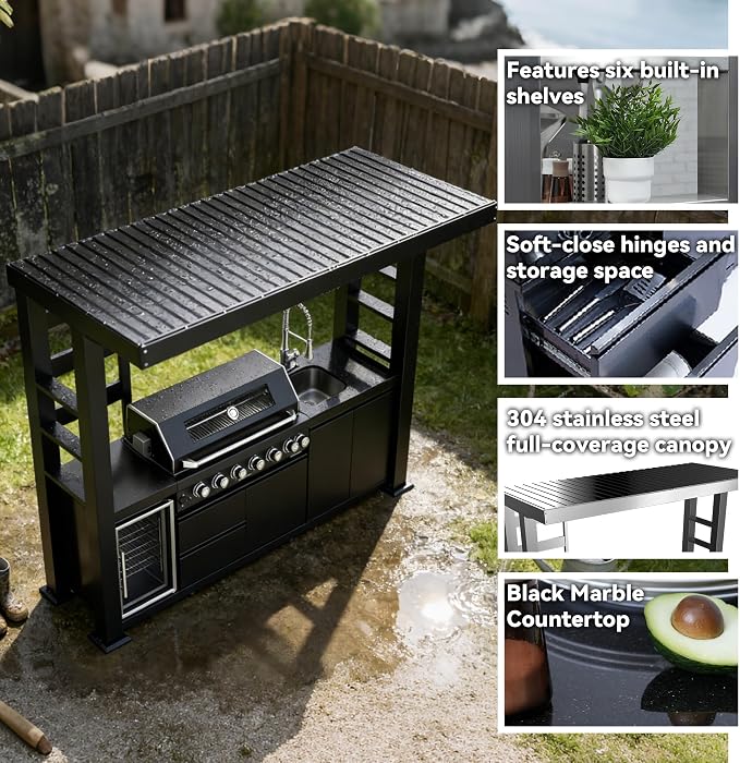 108-Inch 6-Burner 85000 BTU Natural Gas Grill Island with Shed, 304 Stainless Steel Black, 684 Sq.In Cooking Area, Wine Cooler, Rotisserie, Granite Countertops for Backyard BBQ, Black
