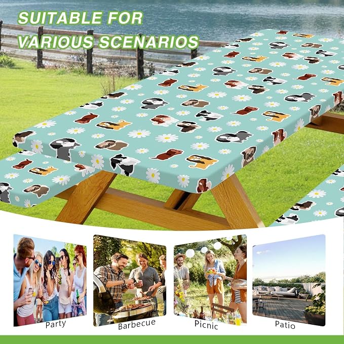 Cute Dog Picnic Table Cover with Bench Covers Camping Essentials Waterproof Windproof Funny Animal Daisy Flower Table Cover Fitted Tablecloth Cover with Elastic Edge for Outdoor 3 PCS 30x96 Inch