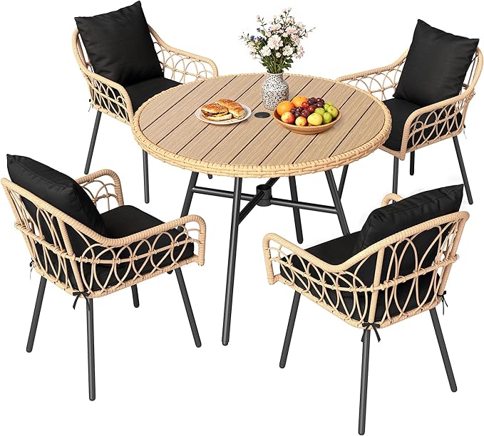 YITAHOME Patio Dining Set with Umbrella Hole for 4, All-Weather Rattan Outdoor Dining Set 5pcs, Patio Dining Furniture Sets with 4 Ergonomic Armchairs, Outdoor Table and Chairs Set for Patio Backyard