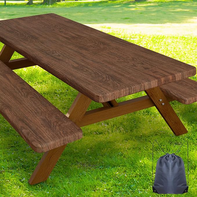 Smiry Picnic Table Cover with Bench Covers, Waterproof Elastic Fitted Tablecloth for 6 Foot Tables, Washable Polyester Tablecloths for Camping, Indoor & Outdoor (Brown, 30x72 Inch 3-pc Set)