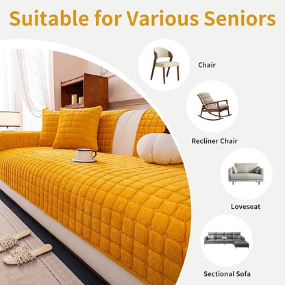 Velvet Couch Cover, Plush Sectional Sofa Cover Washable, Anti Slip Sofa Slipcover for Armrest & Backrest, Furniture Protector Covers for Pets & Kids(1PC,Mustard Yellow,28"×28")