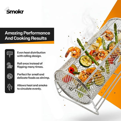 Rotating Grill Basket with Stand for Chicken Wings, 5 Pc BBQ Set