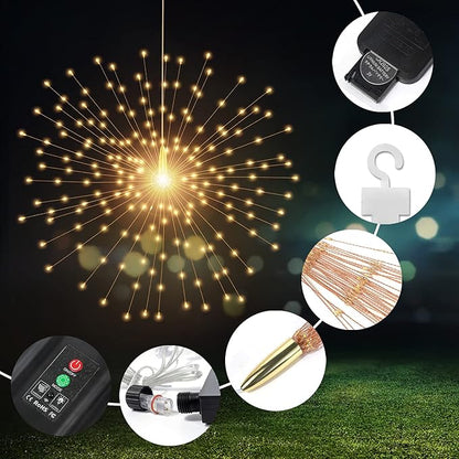 PXBNIUYA 2 Pack Starburst Sphere Lights with Remote Control,200 LED Firework Light, 8 Modes Dimmable Waterproof Copper Wire Hanging Fairy Light for Patio Parties Christmas (Solar Powered)