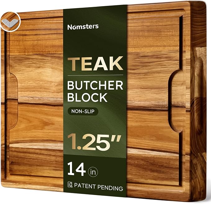 14 x 10 in Teak Cutting Board, Butcher Block with Juice Groove | 1.25” Thick Cutting Board for Meat and Brisket, End Grain Cutting Board for BBQ, Wooden Cutting Board for Carving