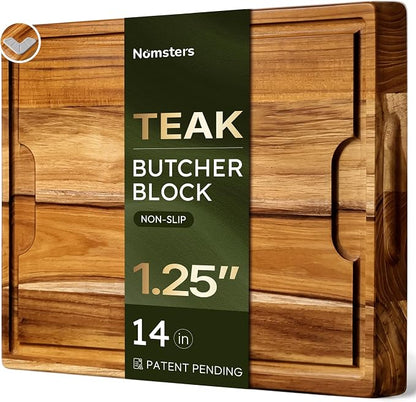 14 x 10 in Teak Cutting Board, Butcher Block with Juice Groove | 1.25” Thick Cutting Board for Meat and Brisket, End Grain Cutting Board for BBQ, Wooden Cutting Board for Carving
