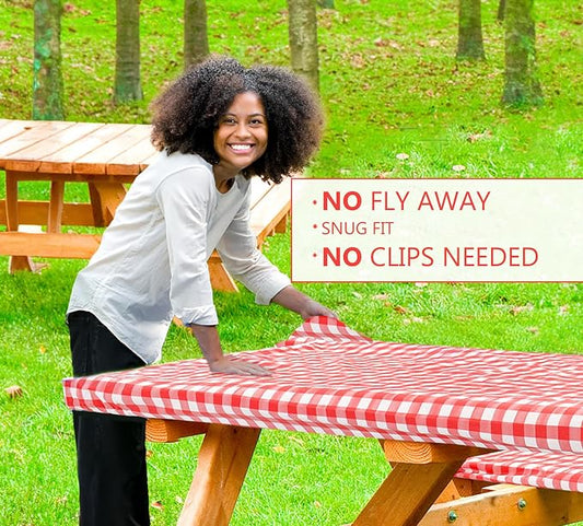 LINPRO 8ft Picnic Table Cover with Bench Covers Vinyl Fitted Picnic Table Covers with Elastic Camping Essentials and Picnic Tablecloth and RV Accessories