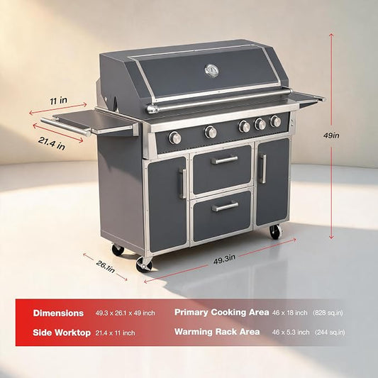 49" Stainless Steel Grey Grill, 4 Burners & Infrared Burner, Natural Gas | 99,000 BTU Four Cast Burners & Infrared Back Burner for Garden & Outdoor Cooking 304 stainless steel Storage drawers