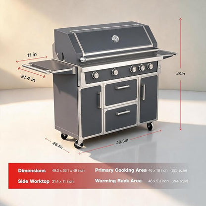 49" Propane Gas Stainless Steel Grill, 4 Burners & Infrared Burner, Grey | 304 stainless steel construction Garden & Outdoor Cooking 99,000 BTU Warming rack Storage drawers