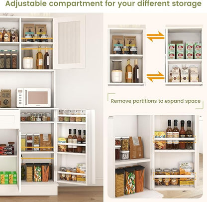 WAYTRIM Pantry Cabinet, White Kitchen Storage Cabinet with 4 Doors and Shelves, Kitchen Hutch Coffee Bar Cabinet with Drawers & Adjustable Shelves, Microwave Stand for Kitchen Dining Room Furniture