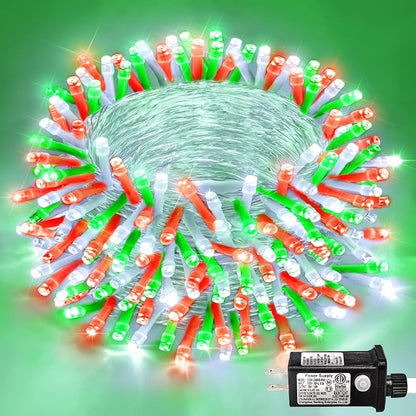 82FT 250 LED Outdoor String Lights, Red White and Green Christmas Lights | Plug in Waterproof 8 Modes Clear Wire String Twinkle Lights for Indoor Bedroom Outside Patio Xmas Party Holiday Decorations