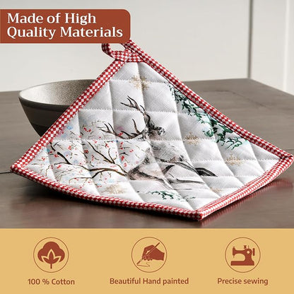 Maison d' Hermine Pot Holders 100% Cotton Potholders (8" x 8", Pack of 2) | Heat Resistant Hot Pads with Loop BBQ Cooking Baking Hotel Kitchen Handling Hot Pans Thanksgiving Christmas - Rural Christmas