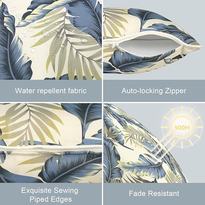 LVTXIII Outdoor/Indoor Pillow Covers, Patio Fade Resistant Throw Pillow Covers ONLY, Waterproof Farmhouse Accent Cushion Cases for Sofa Patio Couch Decoration 20"x20" Set of 2, Lush Palm Blue