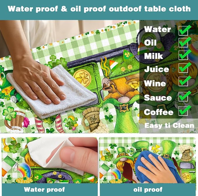 St. Patrick's Day Picnic Table Cover with Bench Covers, Camping Essentials, Plaid Truck Gnomes Clover Outdoor Table Covers, Waterproof, Fitted Tablecloth Cover with Elastic Edge, 3 PCS, 30x60 Inch