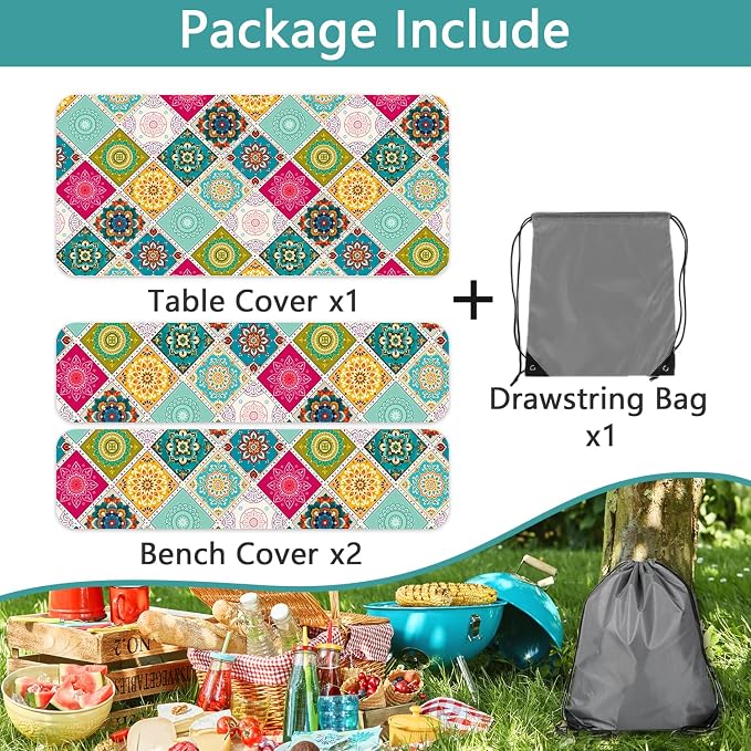 Boho Picnic Table Cover with Bench Covers and Bag, Camping Essentials, Bohemian Mandala Waterproof Washable Fitted Camping Tablecloths with Elastic Edges for Outdoor & Garden, 3 Pcs Set 30x96 Inch