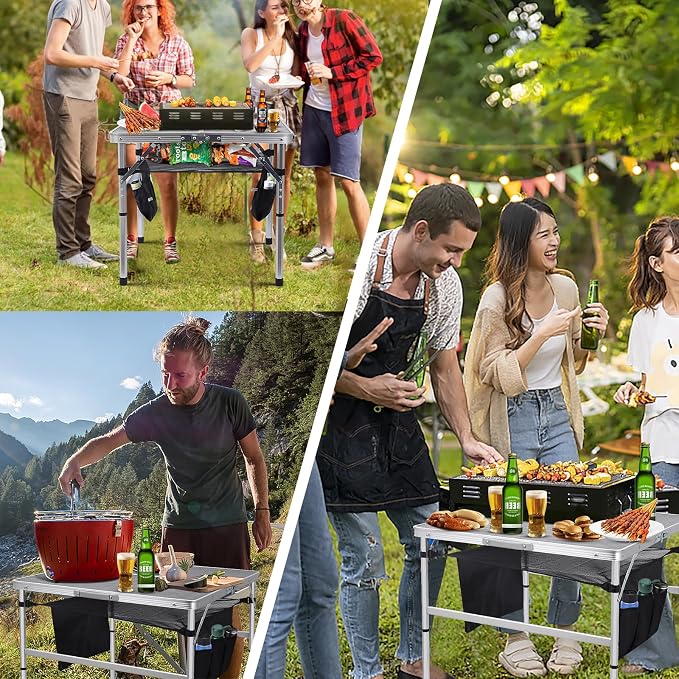Nice C Square Folding Height Adjustable Aluminum Table (23.6", White) | Mesh Bag, Carry Handle, Grill Table, Camping Table, Outdoor Table, Card Game Table