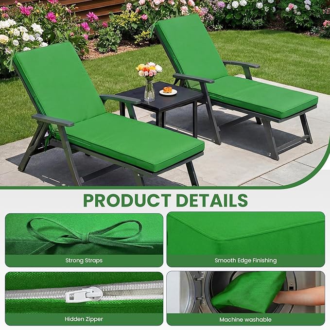 Chaise Lounge Cushions Outdoor, 80 x 26 Inch Water & Fade-Resistant Patio Furniture Lounge Cushion Set of 2, Beach Umbrella Lounger Chair Replacement Cushion with Removable Cover Pad, Green
